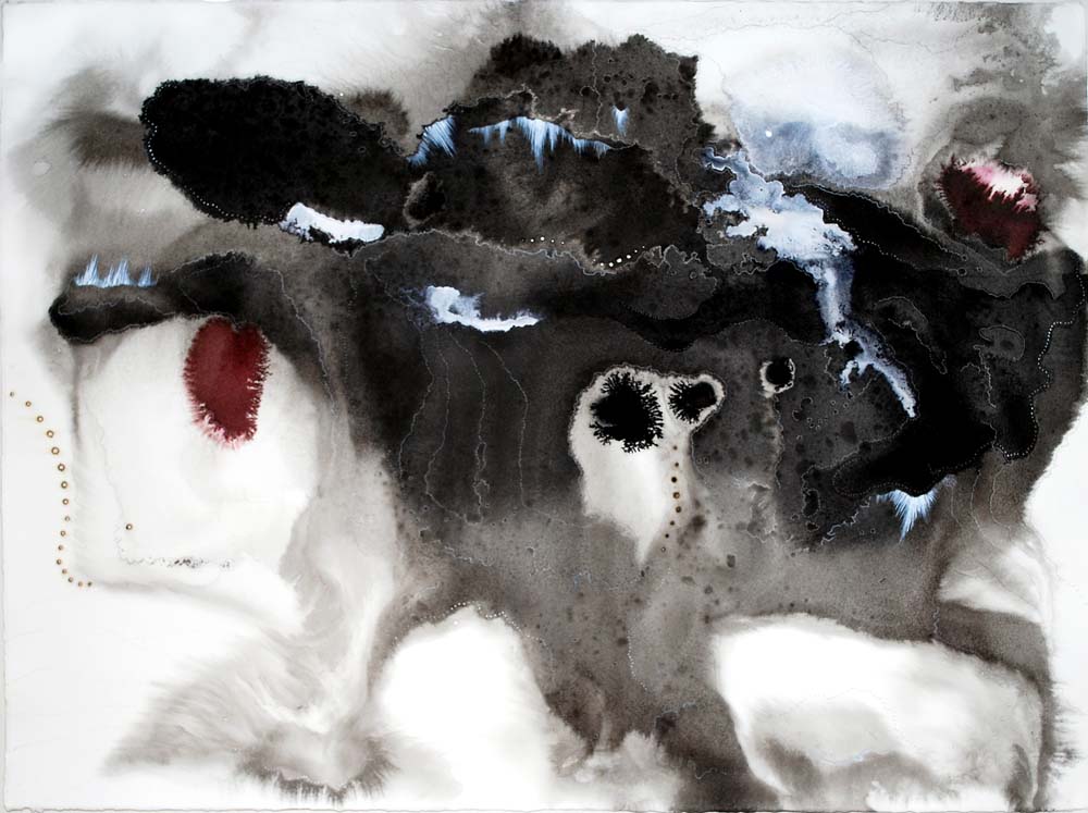Ash Breath, ink, gouache, pencil and burns on paper, 22 x 30 inches