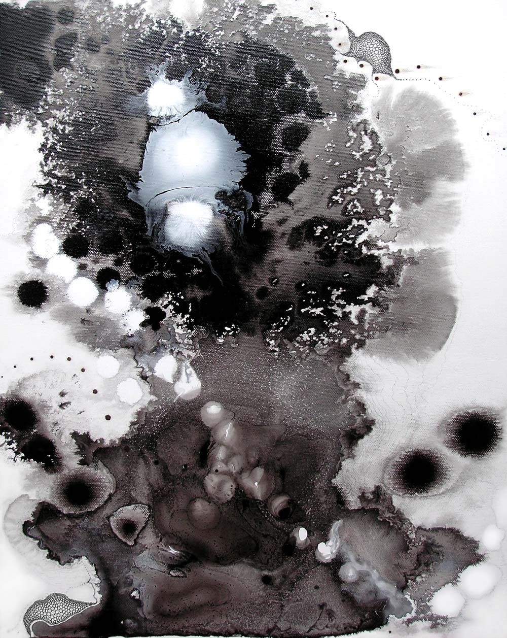 Fountain, enamel, ink, pencil and burns on canvas, 19 x 15 inches