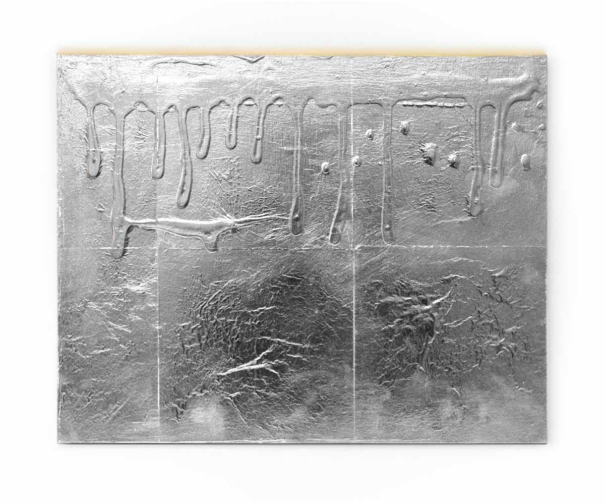 Refletives II, silver leaf over mixed media on board, 11 x 14 inches