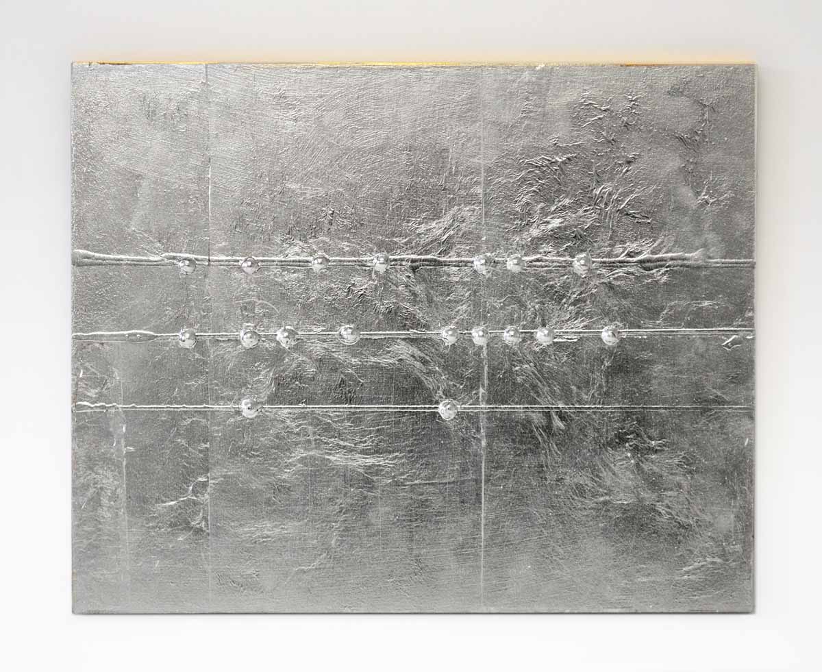 Refletives-Braille, silver leaf over mixed media on board, 11 x 14 inches