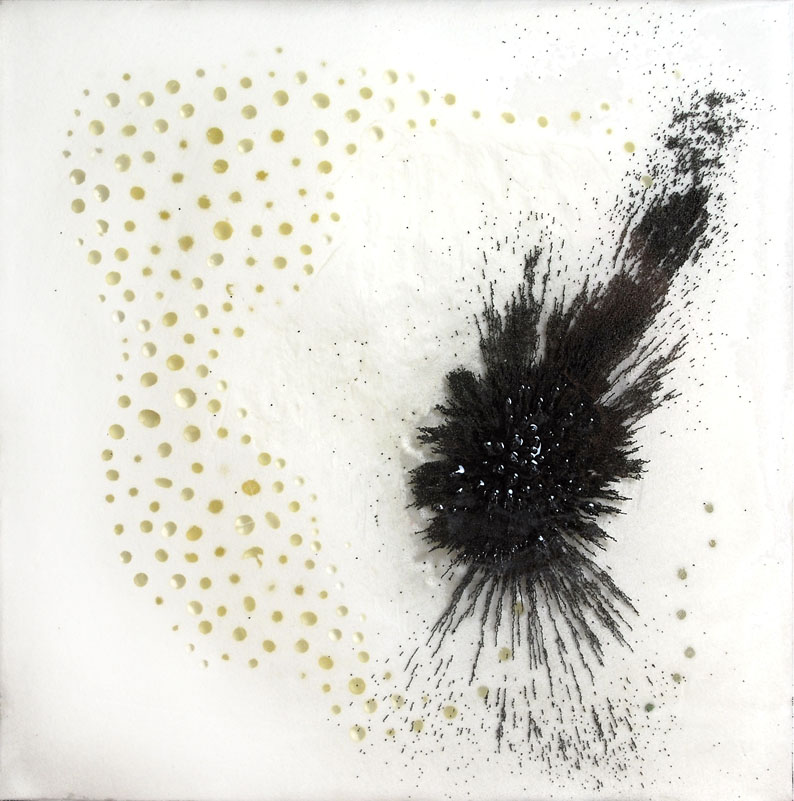 Synapse, mixed media (including iron filings, joint compound, silica, etc.) in resin, 5 x 5 inches