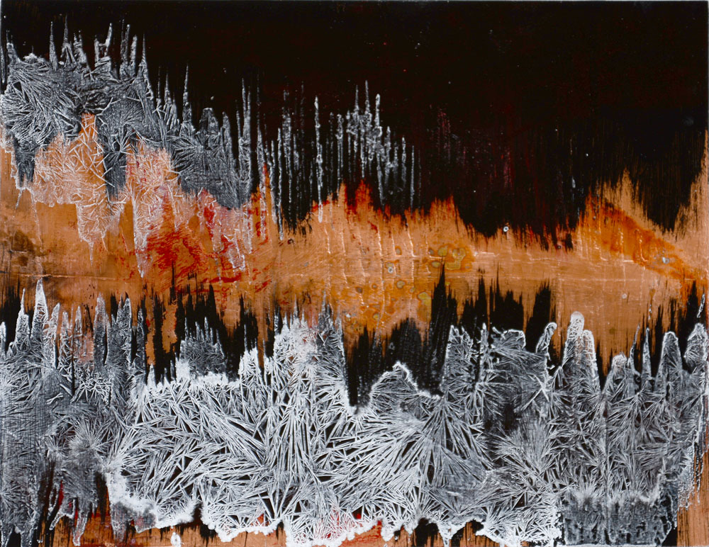 Floating World Series, metal leaf (copper or silver), ink, acrylic and salt on panel, 11 x 14 inches