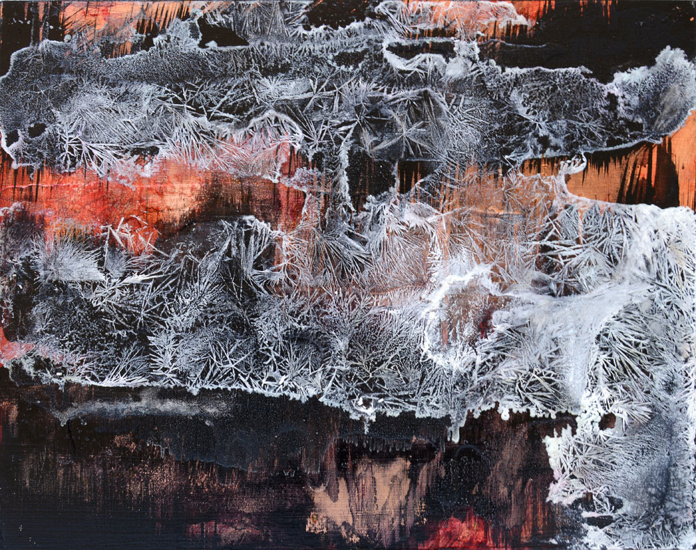 Floating World Series, metal leaf (copper or silver), ink, acrylic and salt on panel, 11 x 14 inches