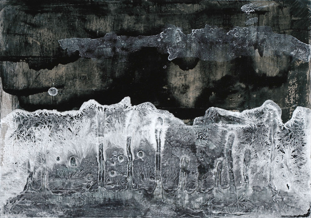 Floating World Series, metal leaf (copper or silver), ink, acrylic and salt on panel, 11 x 14 inches