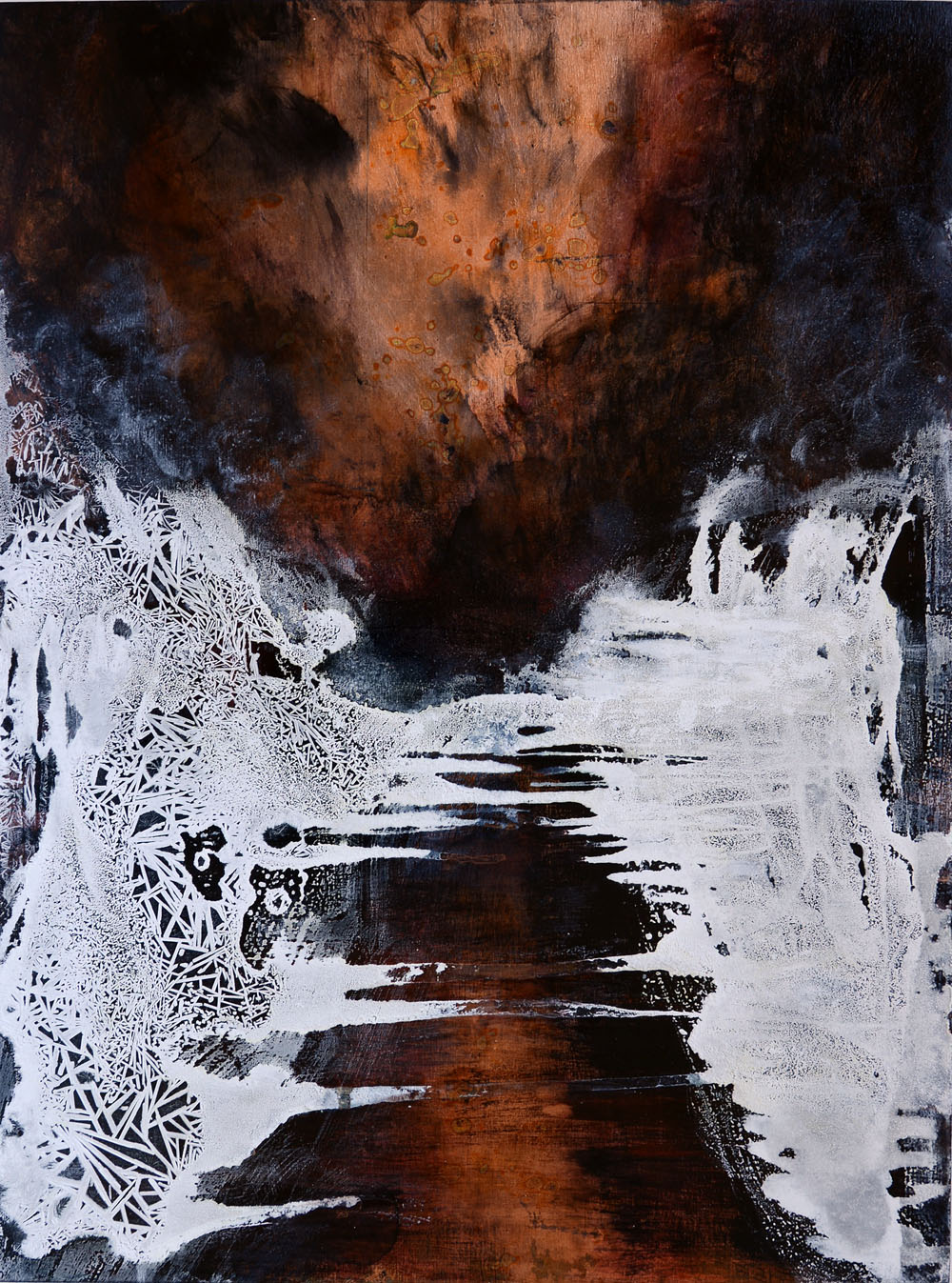 Highway of Fire, copper leaf, ink, acrylic and salt on panel, 18 x 24 inches