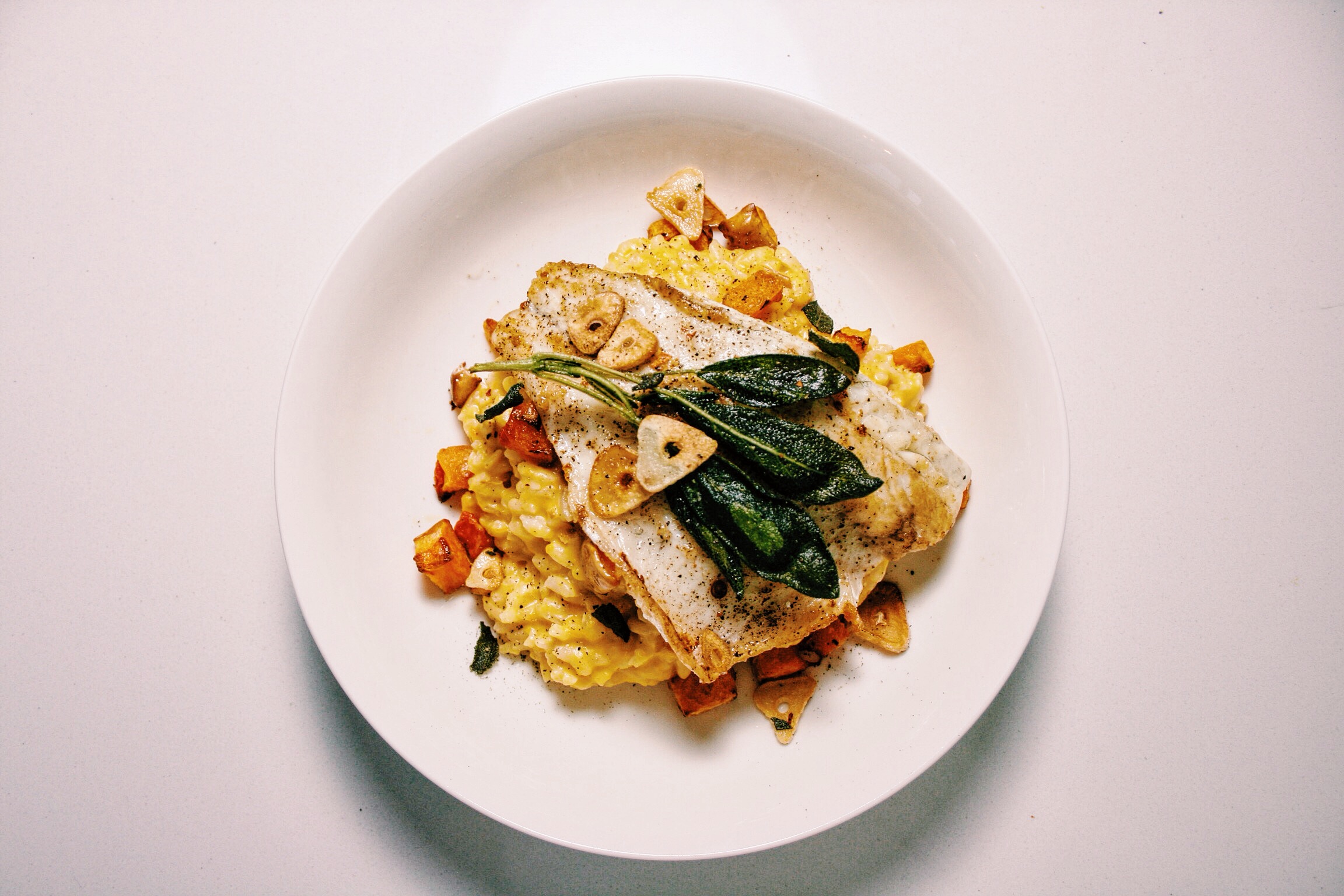 Pompoenrisotto met zeewolf