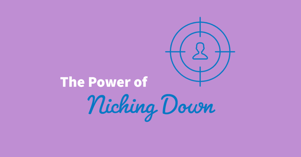 Purple background with a icon of a person with crosshairs on them to represent being specific and find a niche