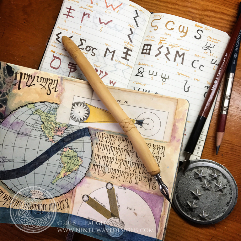 A two page spread from the Alchemy Notebooks, with some reference material in the background.