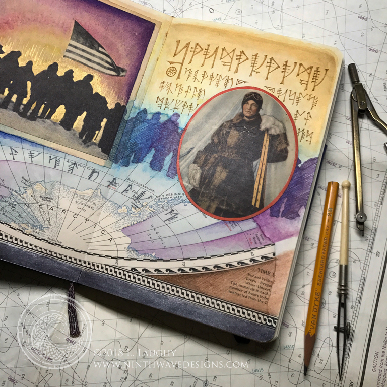 A two page spread from my collage sketchbook: collage, watercolor pencils and liquid acrylics.