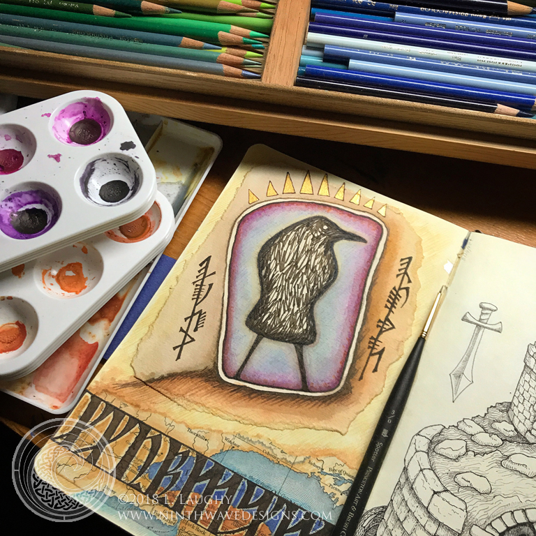 A two page spread from my collage sketchbook: collage, watercolor pencils and liquid acrylics.
