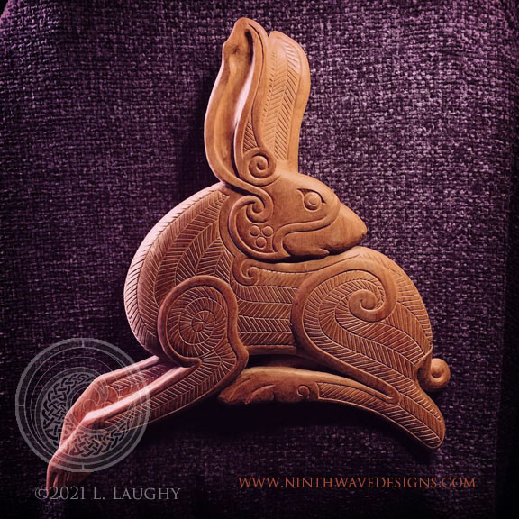 The completed Irish Hare wood carving.