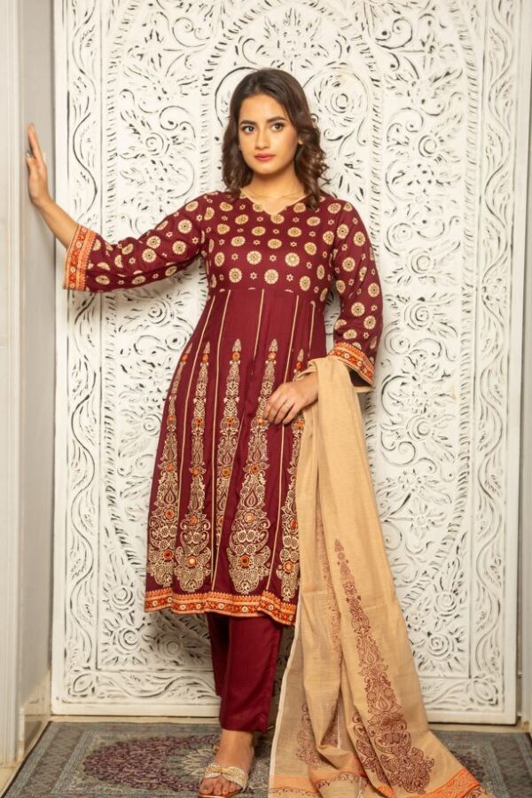 Stylish Cofee Linen Printed Kamiz Set