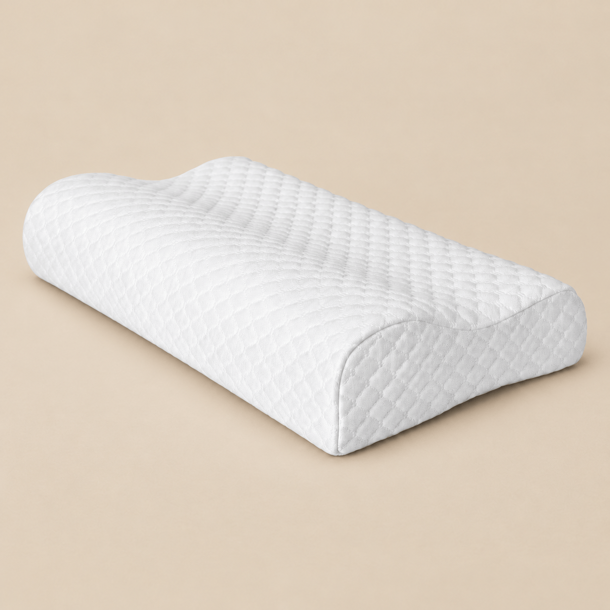 Ergonomisch traagschuim hoofdkussen – 46 × 30 × 10/8 cm op zandbeige achtergrond