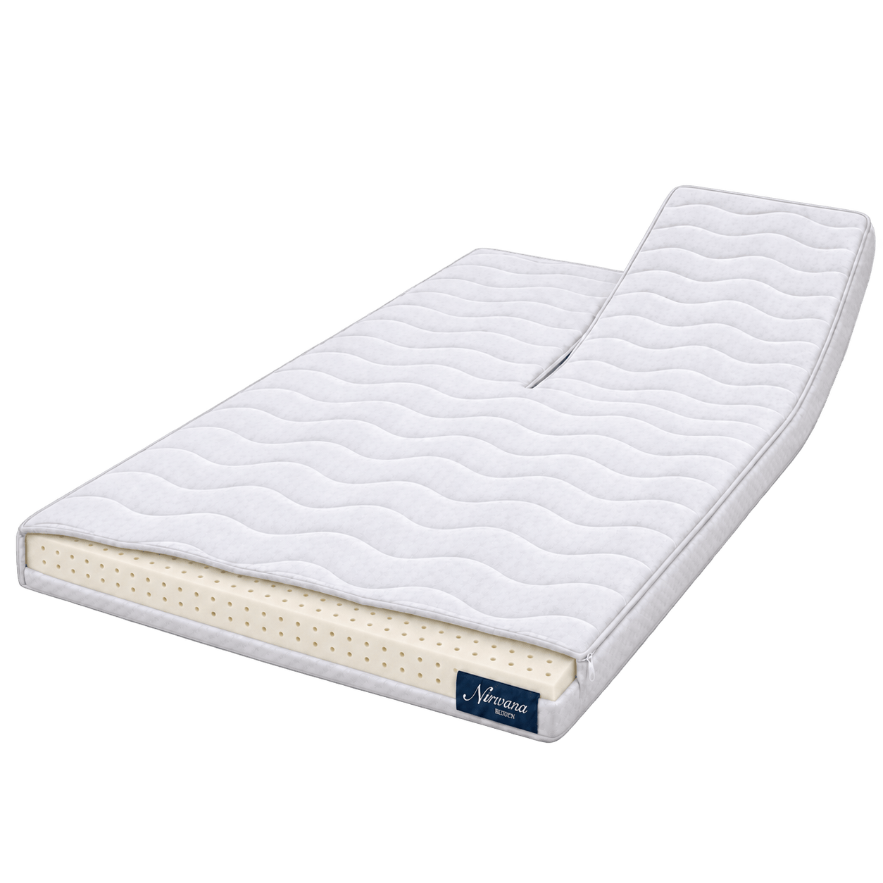 Nirwana Talalay latex splittopper 6 cm met zichtbare geperforeerde latexkern, witte hoes, Nirwana-label en één verhoogd hoofdeinde