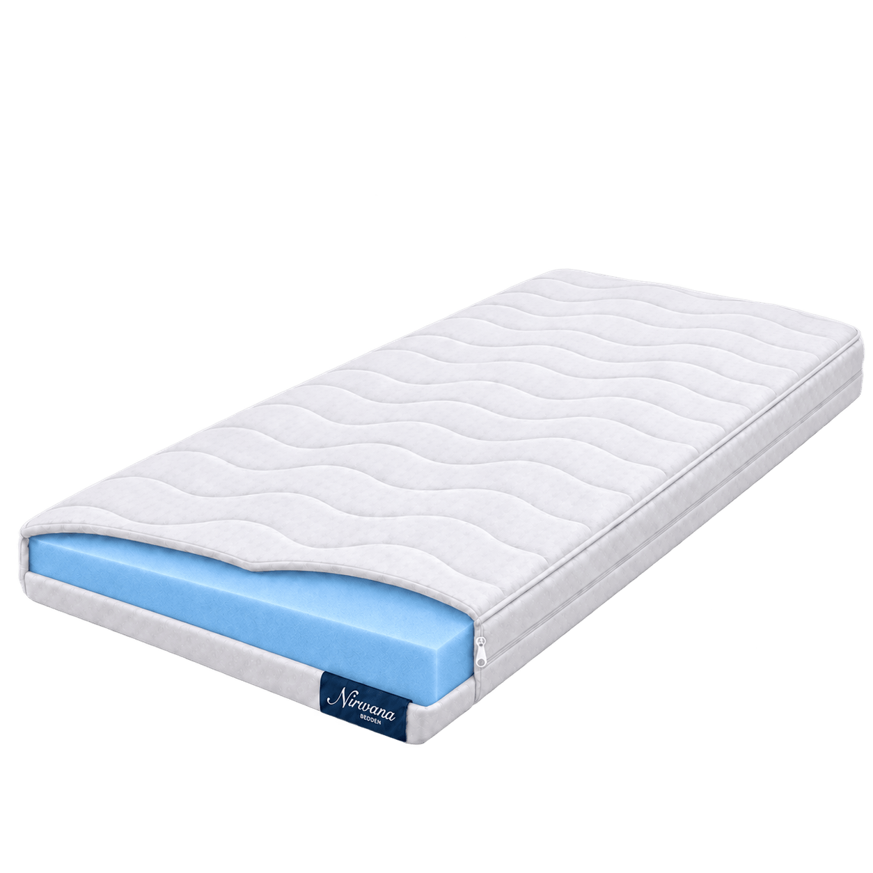 Nirwana topper 6 cm met zichtbare blauwe traagschuimkern, witte golvende hoes en Nirwana Bedden-label