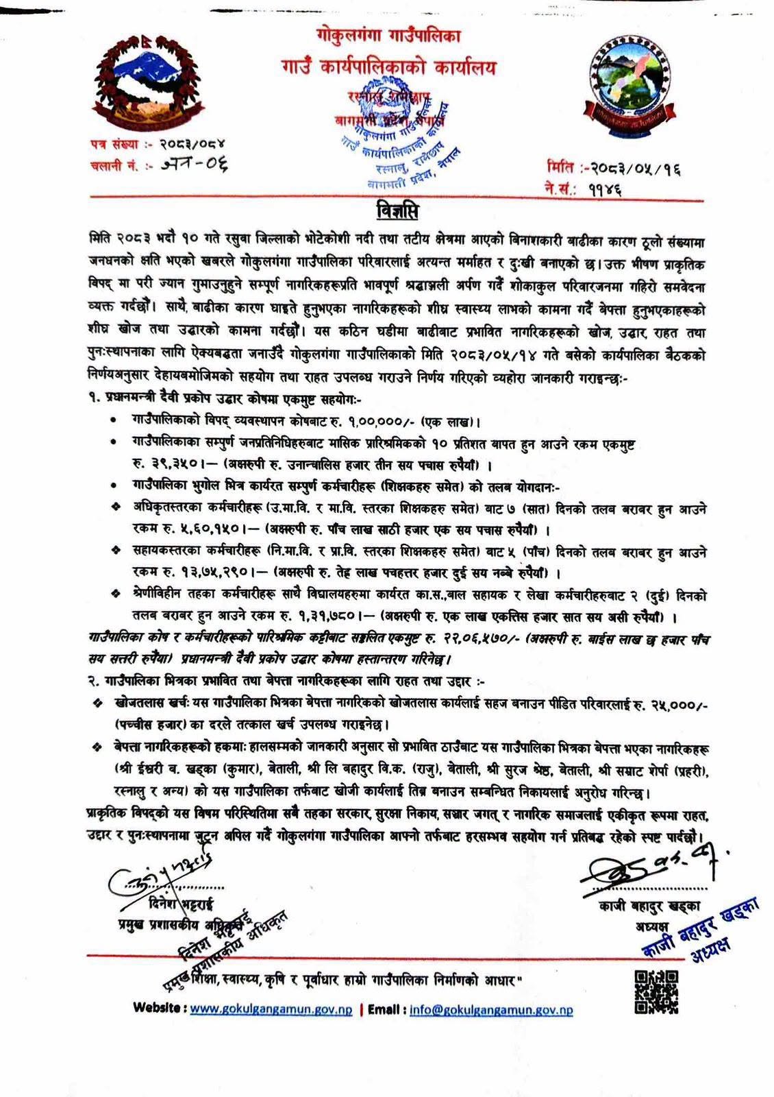 बाढीपीडितका लागि रामेछापका ४ स्थानीय तहद्वारा ६६ लाखभन्दा बढीको आर्थिक सहयोग 