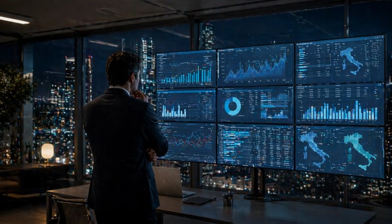 Un uomo d'affari osserva diverse schermate di analisi dei dati finanziari da un ufficio moderno con vista sulla città di notte.