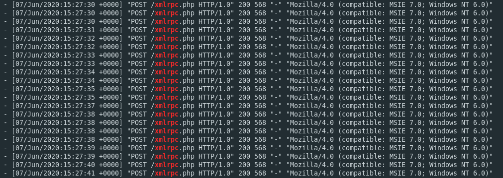 It seems the wordpress xmlrpc.php file is the target of another type of attack. Protecting Wordpress From Xmlrpc Attacks Nixintel