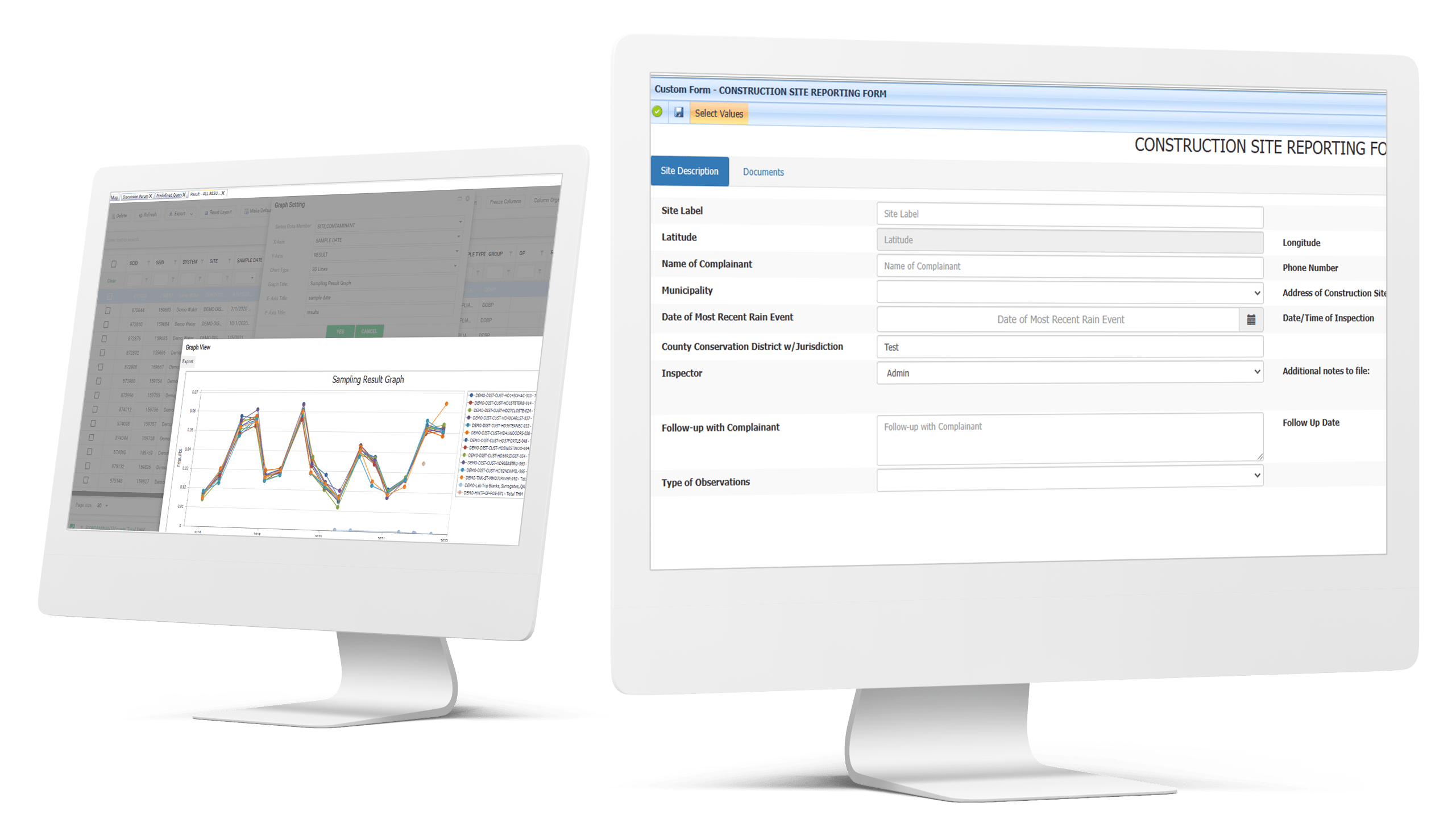 SAMS Stormwater software displayed on two desktops.
