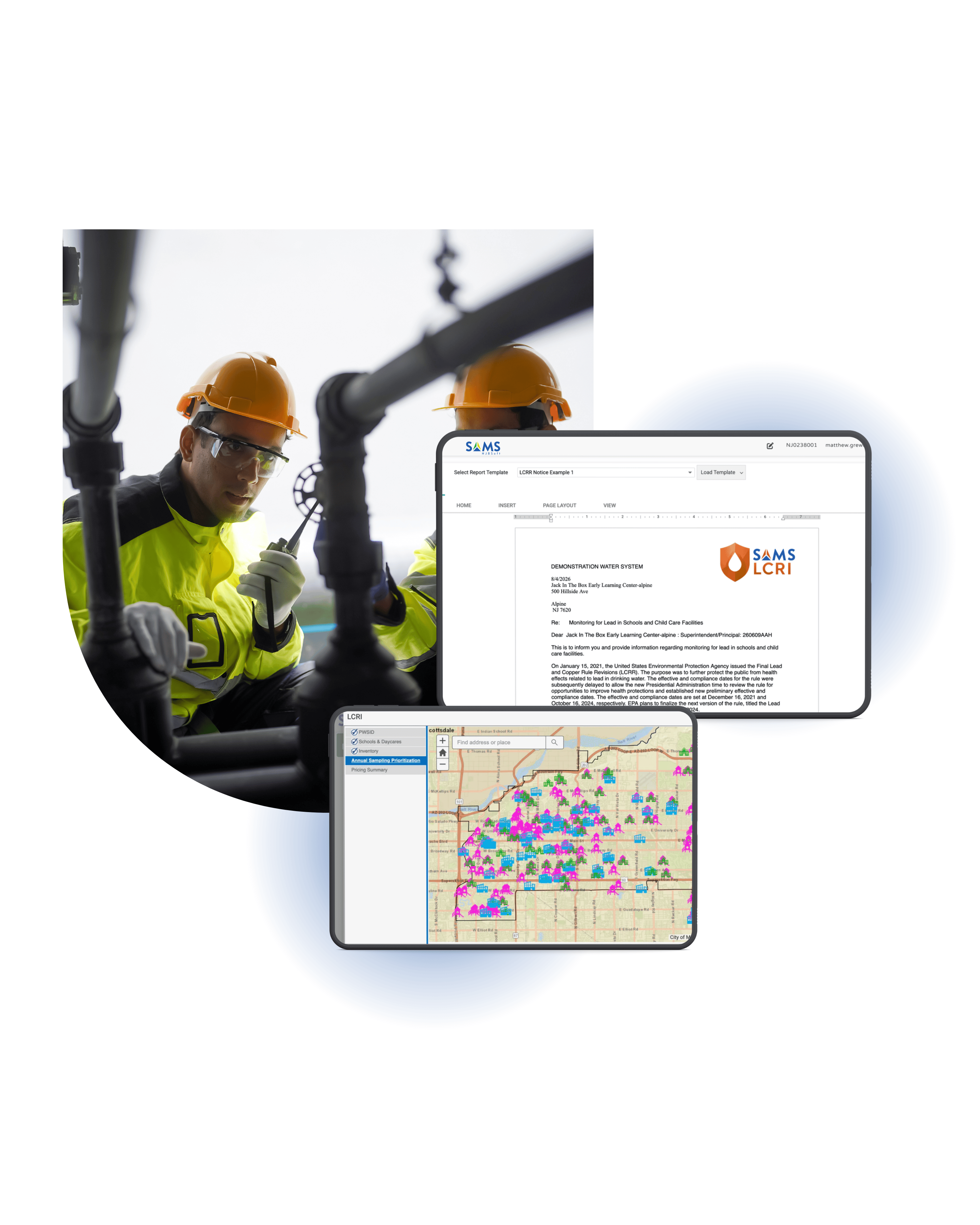 SAMS by NJBSoft LCRI module showing automated lead monitoring notices and GIS school mapping for water utility LCRI compliance
