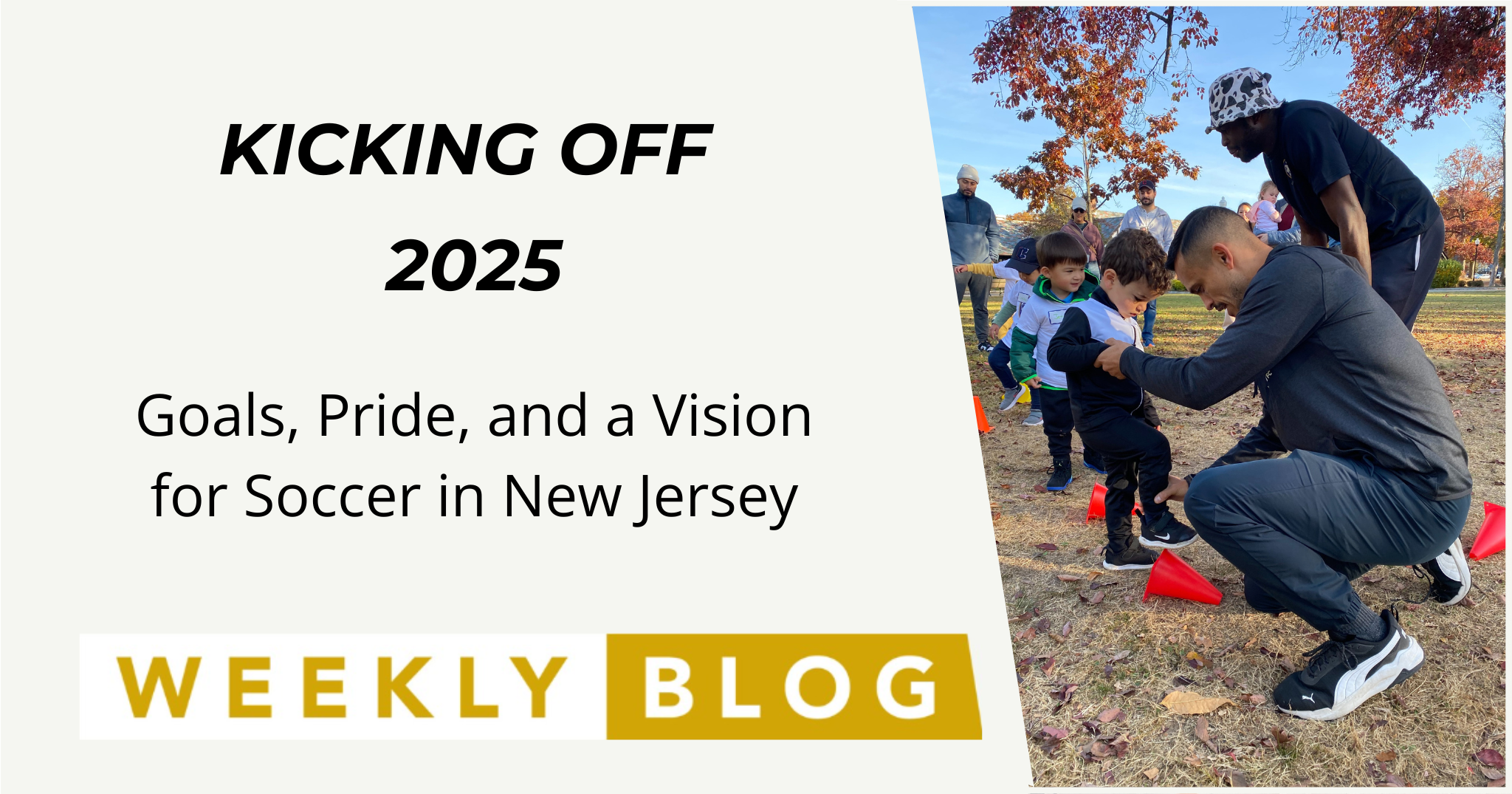 Coach helping a child with a soccer drill during a weekend training session, with kids practicing in the background, celebrating soccer’s community spirit in New Jersey.