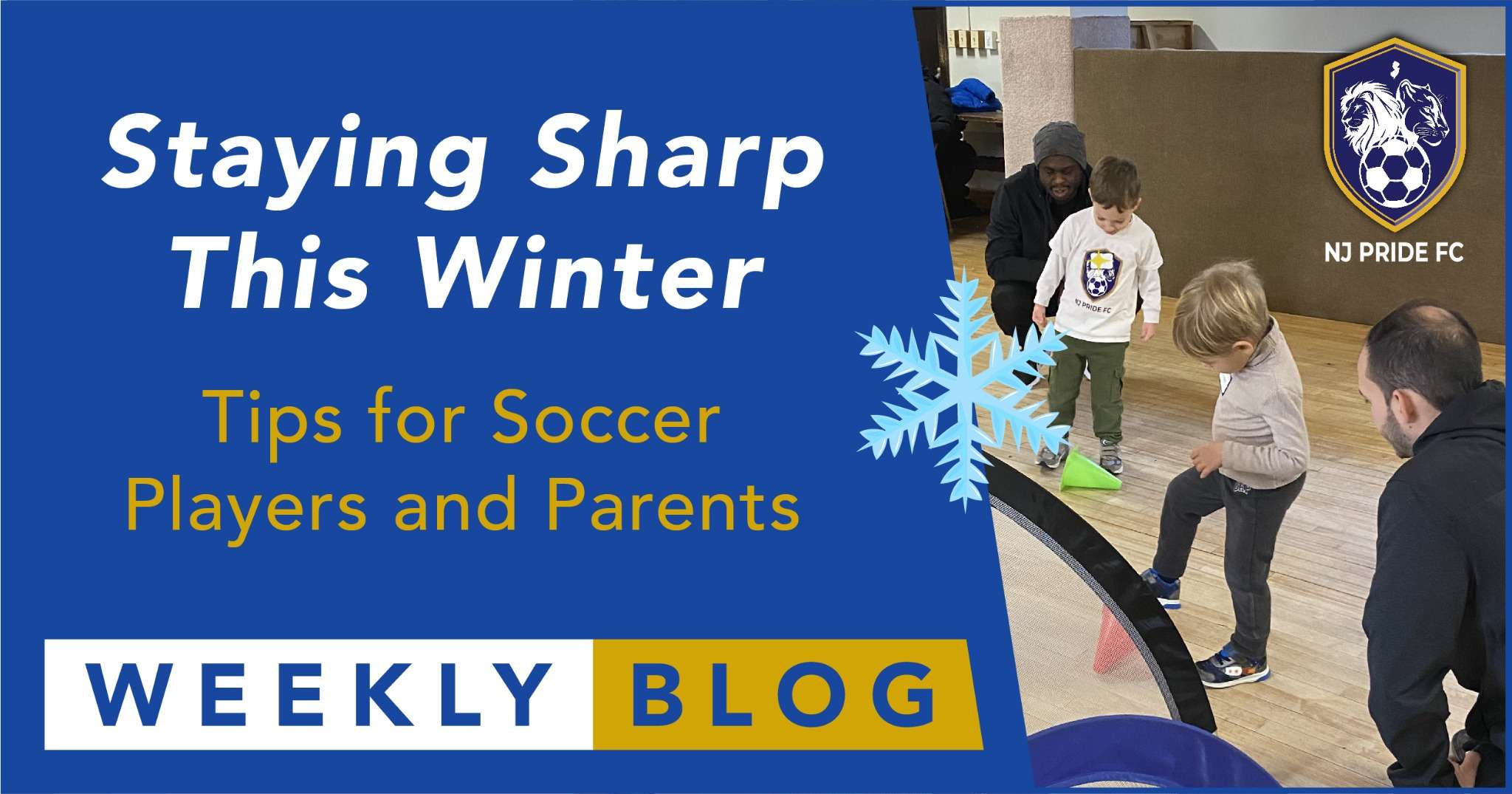 Young soccer players practicing indoors during winter, guided by coaches and parents from NJ Pride FC.