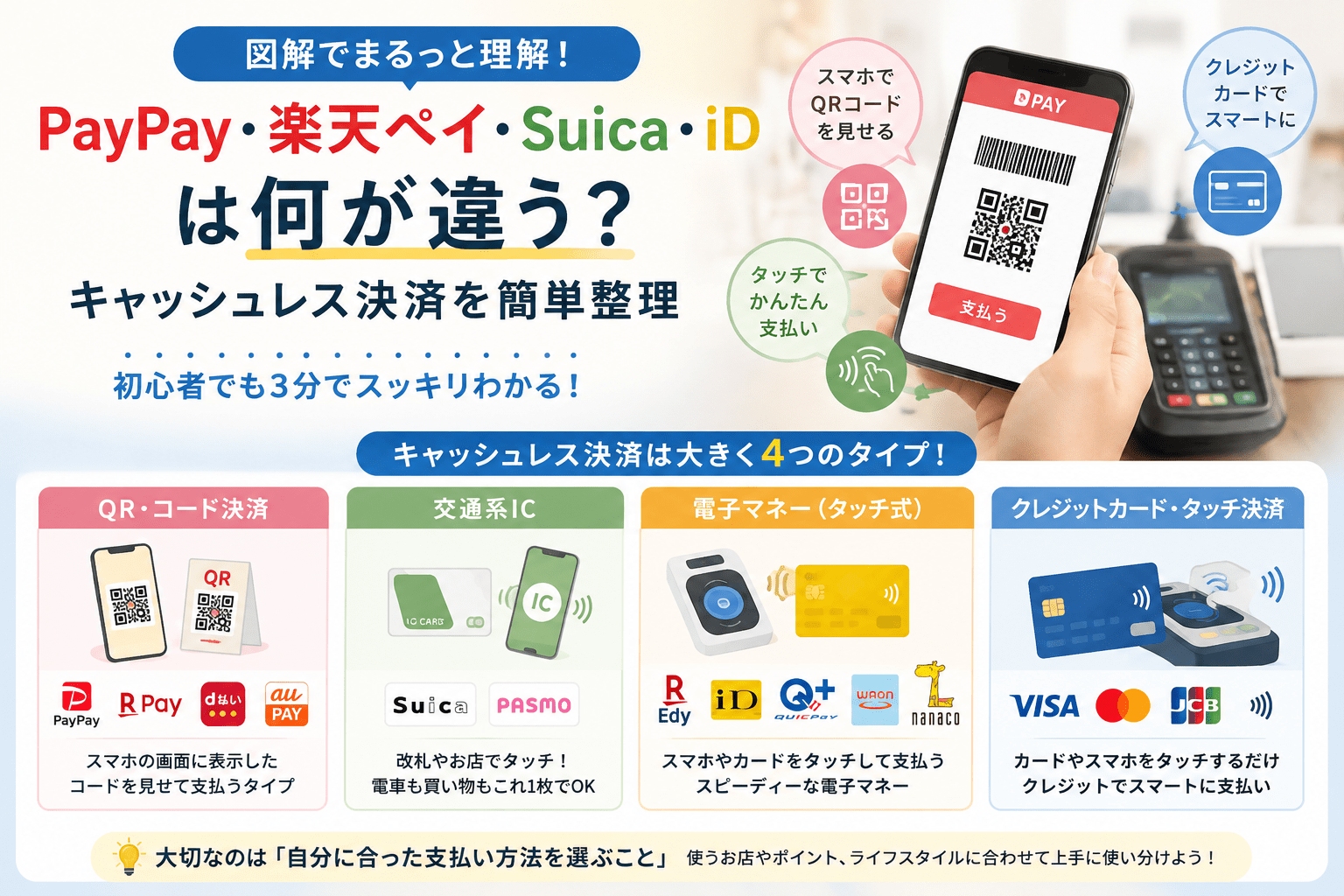 【図解】PayPay・楽天ペイ・Suica・iDは何が違う？キャッシュレス決済を簡単整理