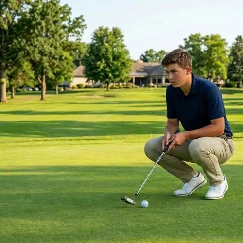 boy staring at green to putt