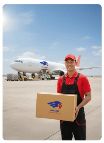 Worker holding package near airplane- nmcargo