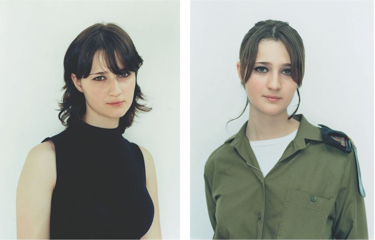 Paired photographic portraits capture a young, light-skinned woman at different life moments. At left, she wears a black sweater and gazes out shyly from beneath her dark bangs. At right, clad in an olive drab, military shirt, she makes eye contact with viewers more confidently.