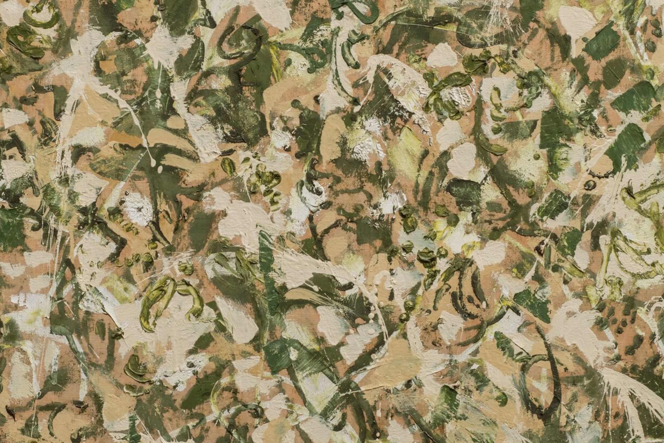 Densely layered, expressive brushwork in cream, white, and multiple shades of green cover a rectangular, horizontal canvas from edge to edge. Daubs and splashes of paint mingle with strokes resembling arcs, circles, ovals, and other curving forms to suggest movement and energy.
