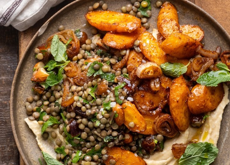 Roasted Carrot and Potato Lentils and Miso Parsley Sauce