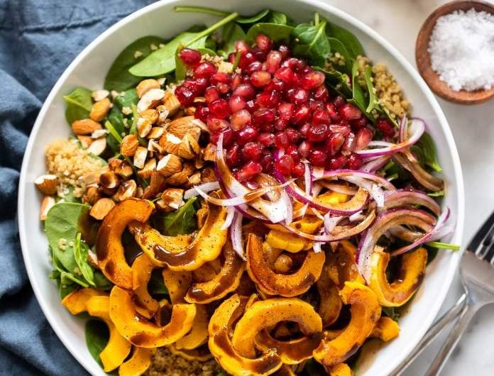 Roasted Delight Squash Pomegranate and Arugula Salad