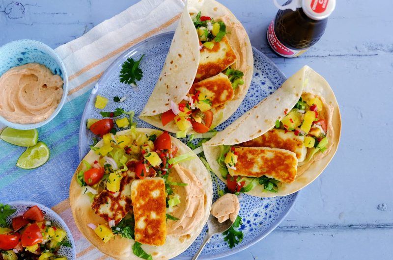Easy to make Halloumi Tacos and Pineapple Salsa with Aji Verde
