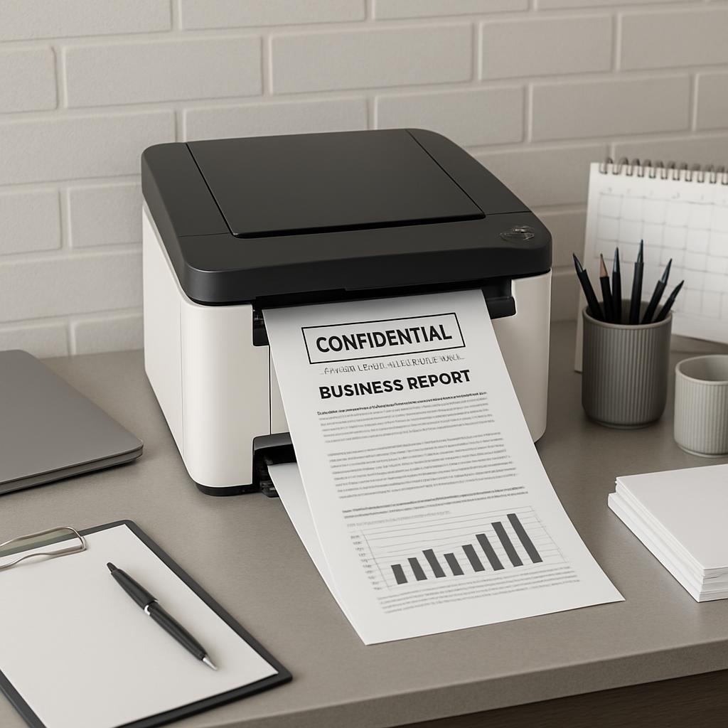 A printer with a report coming out of it, surrounded by office supplies and a desk.