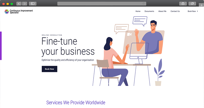 Illustration of a man and woman at a desk with a large monitor, representing online business consulting