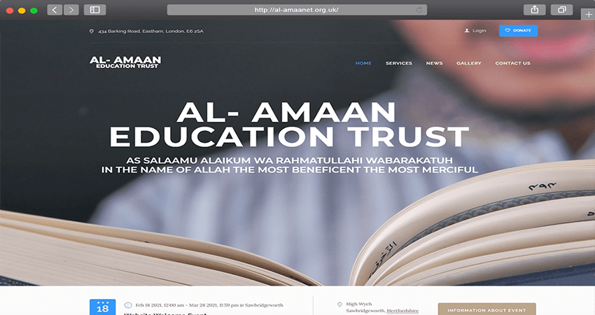 AL-AMAN Education Trust homepage hero with bold white title over a dark blurred background and an open book in the foreground.