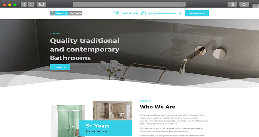 Hero banner of a bathroom showroom with a chrome faucet, bold headline 'Quality traditional and contemporary Bathrooms', and a 'Contact Us' button in a blue box.
