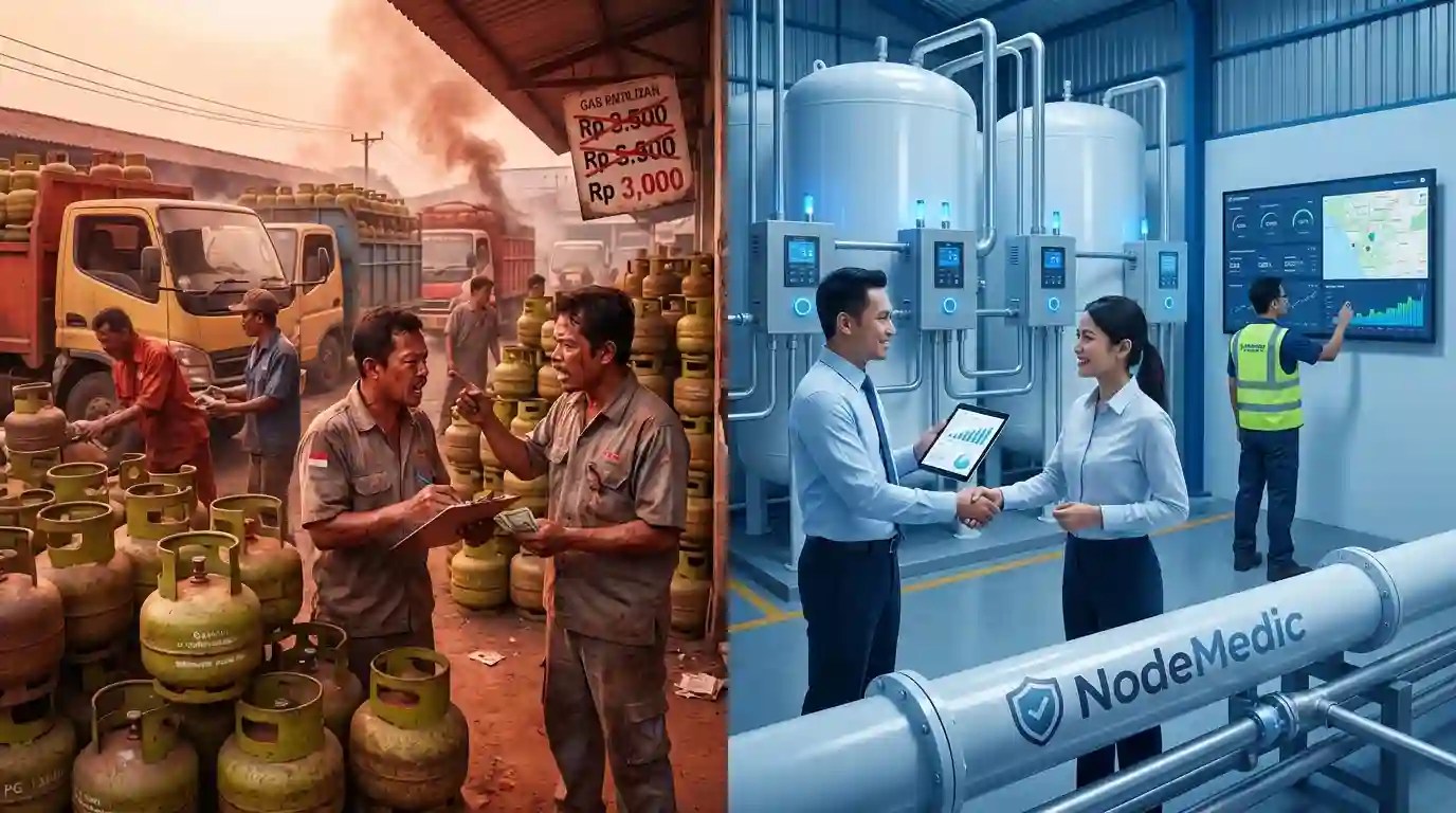 Ilustrasi perbandingan bisnis distribusi gas: Sisi kiri red ocean perang harga dan operasional kacau. Sisi kanan blue ocean strategi infrastruktur NodeMedic dengan teknologi IoT dan kontrak jangka panjang