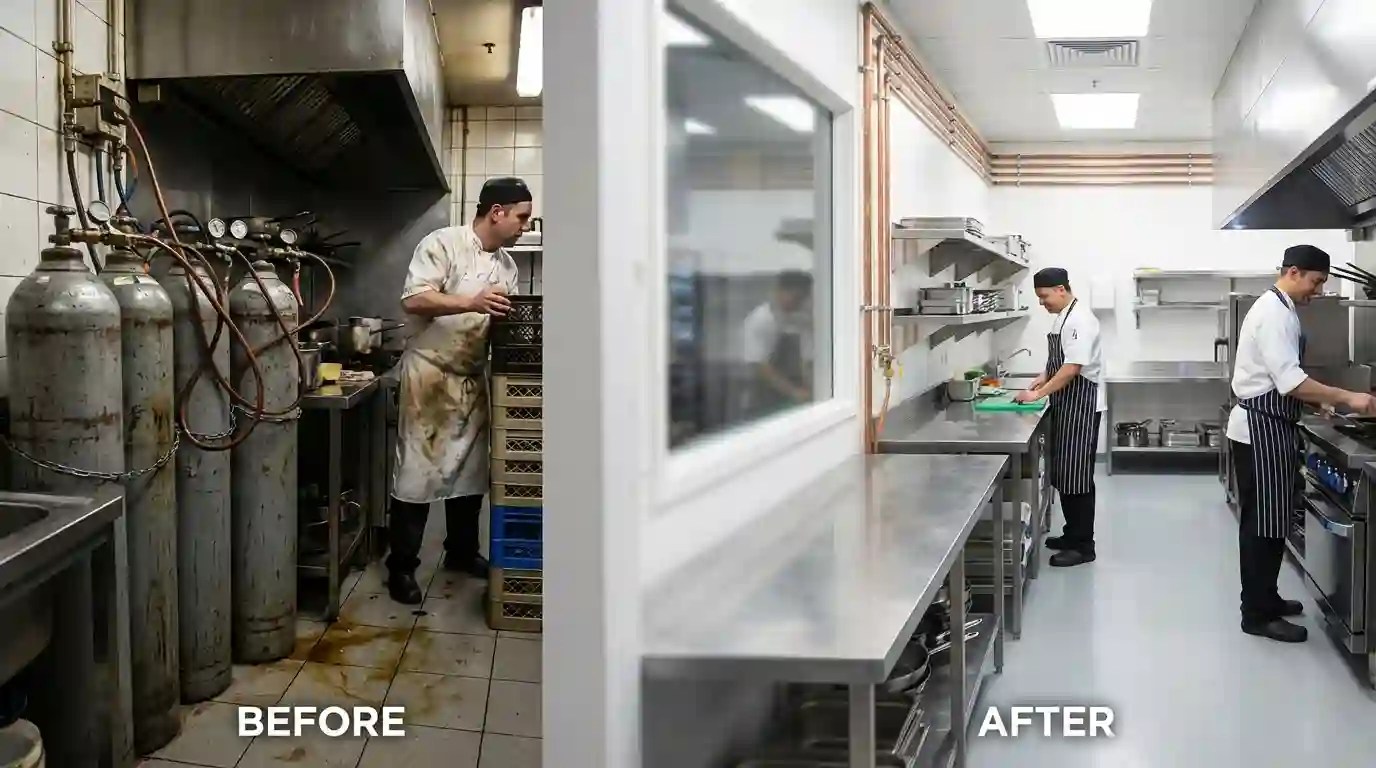 Transformasi renovasi dapur restoran before after: Efisiensi ruang dan kebersihan sanitasi meningkat drastis dengan memindahkan tabung gas ke luar menggunakan sistem instalasi pipa gas sentral.