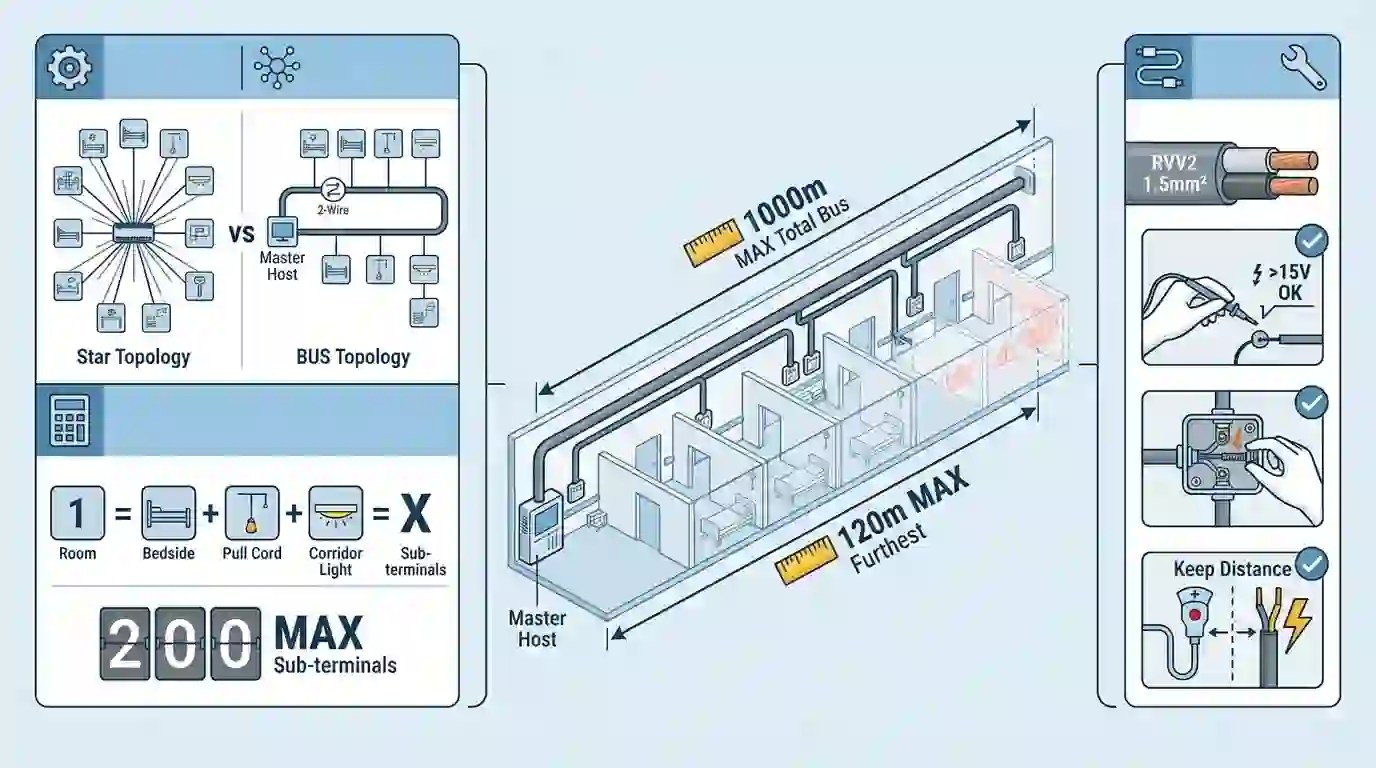 Skema instalasi topologi bus nurse call system: Perbandingan topologi star vs bus, visualisasi jarak terjauh 120 meter di lorong RS, dan tips troubleshooting tegangan kabel.