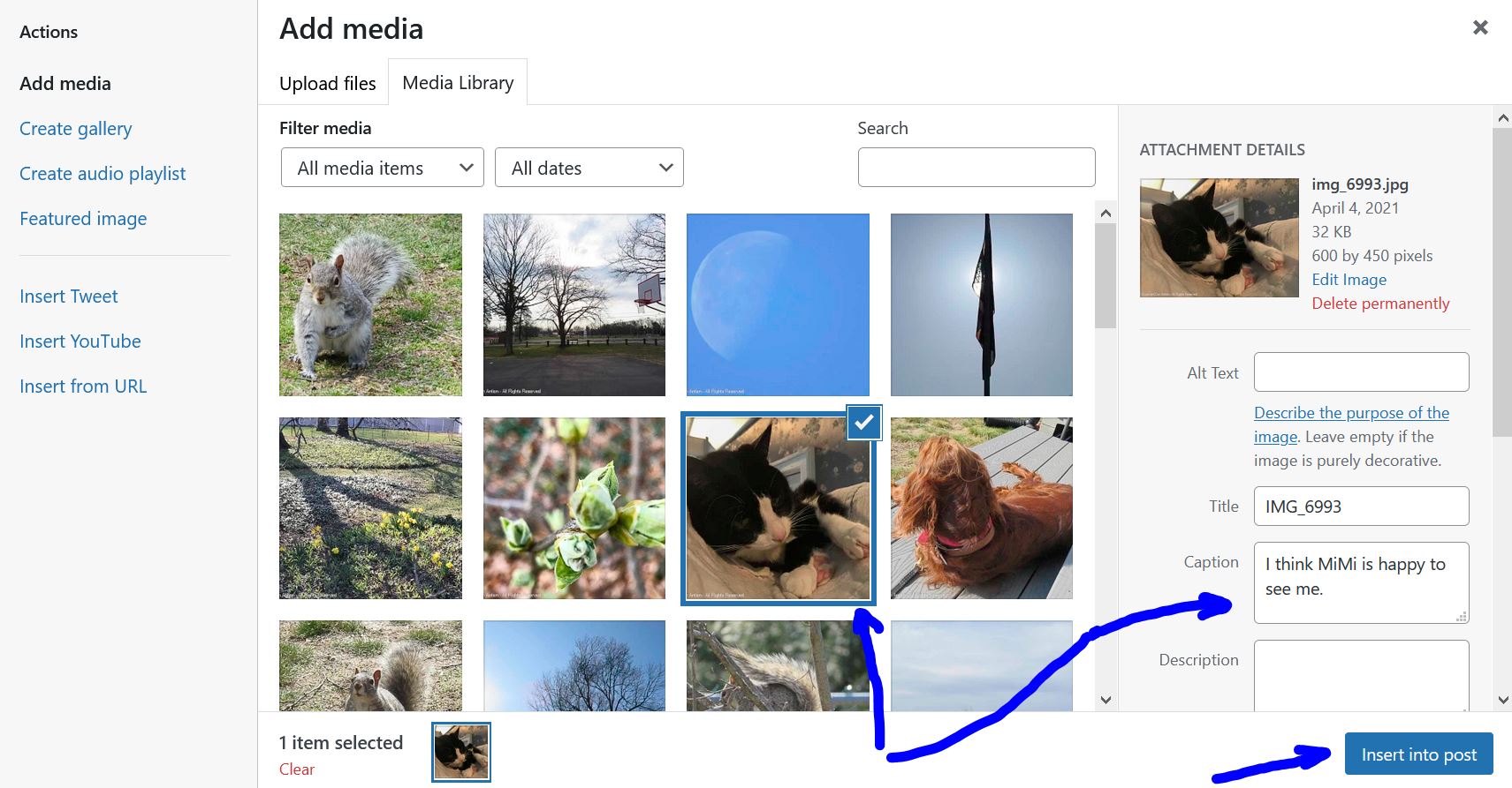 Same as before. Pick a photo, edit the caption and Insert into your post.