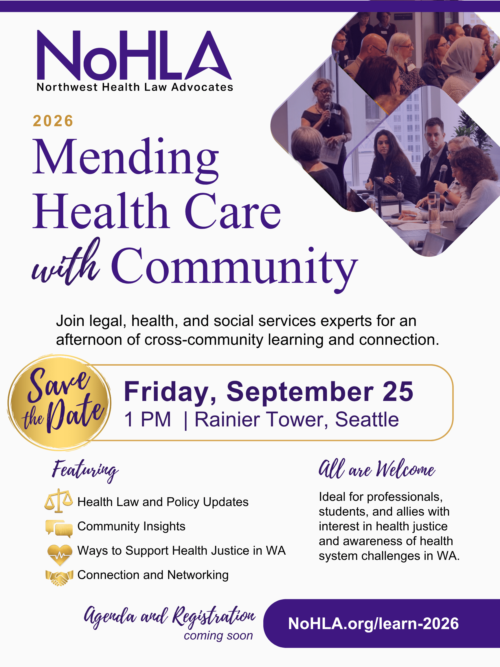 screenshot of a white flyer with purple text, gold icons, and collage of images of people