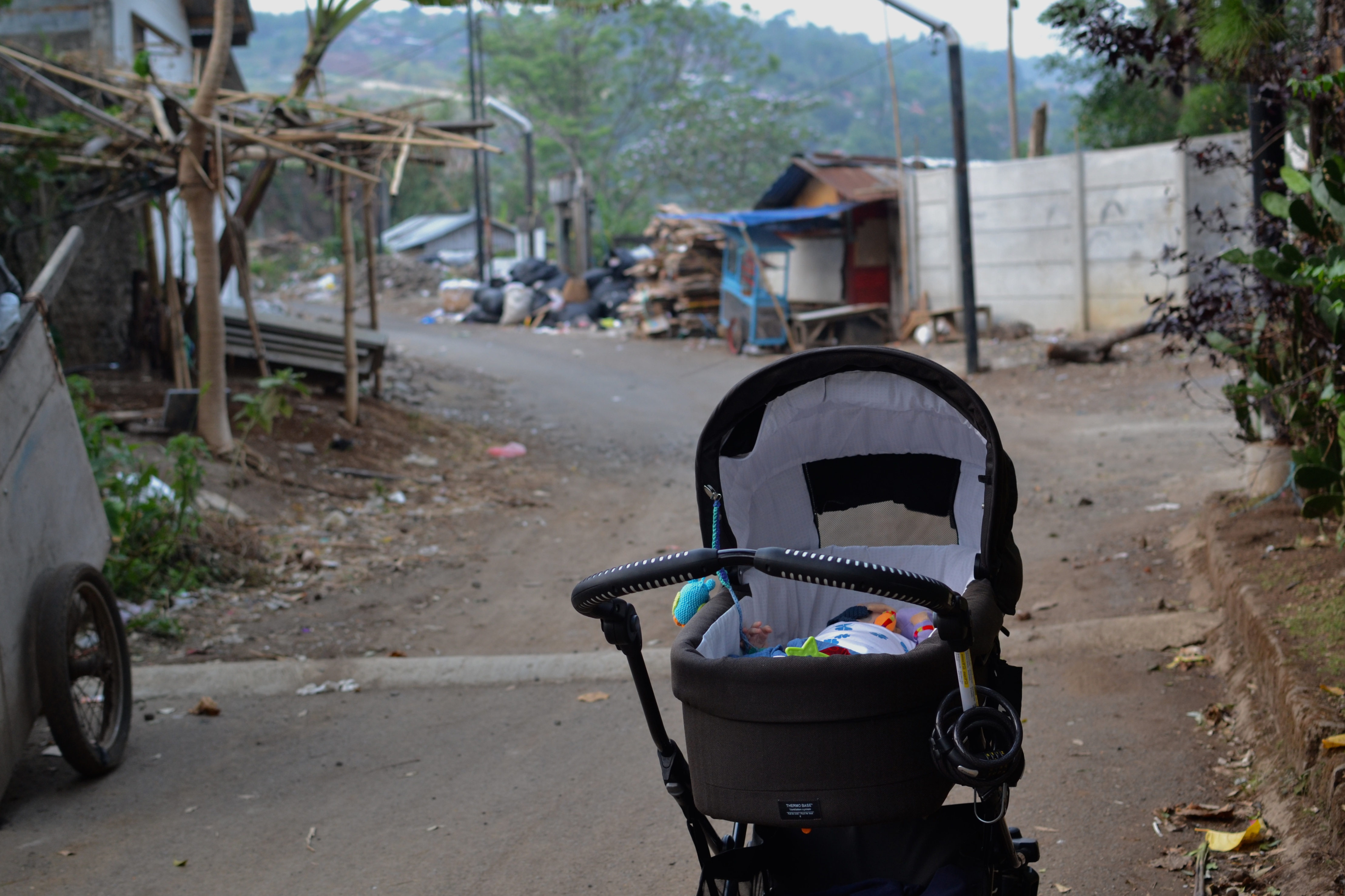 en gåtur ned ad den lokale vej