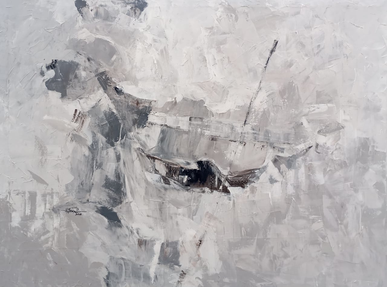 An abstract painting featuring a boat rendered in shades of gray and white, showcasing textured brushstrokes.