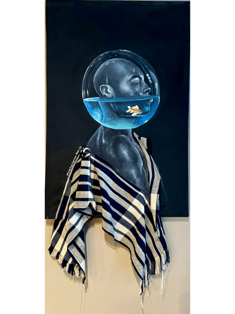 A painting of a man's head encased in a glass bowl filled with water, featuring a goldfish, alongside a draped blue and white striped fabric.