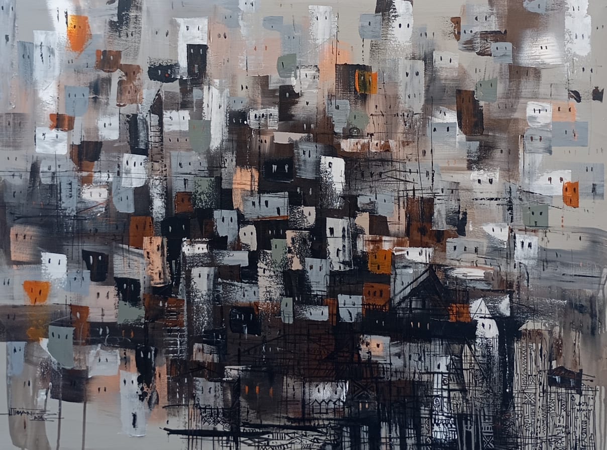 An abstract painting depicting a densely packed cityscape rendered with various geometric shapes and muted colors, including shades of grey, black, copper, and white, creating an urban atmosphere.