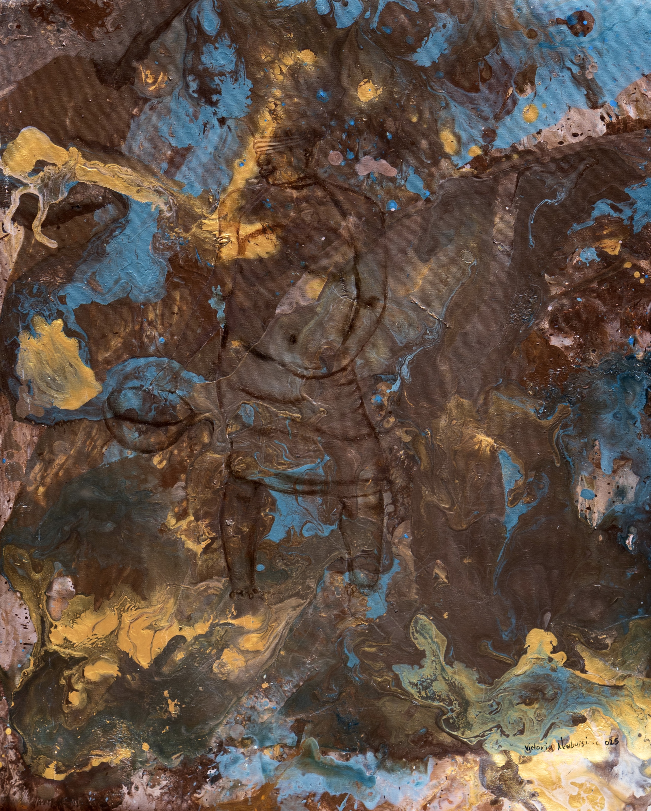 Abstract painting featuring swirls of brown, blue, and gold colors with a faint human silhouette in the center.