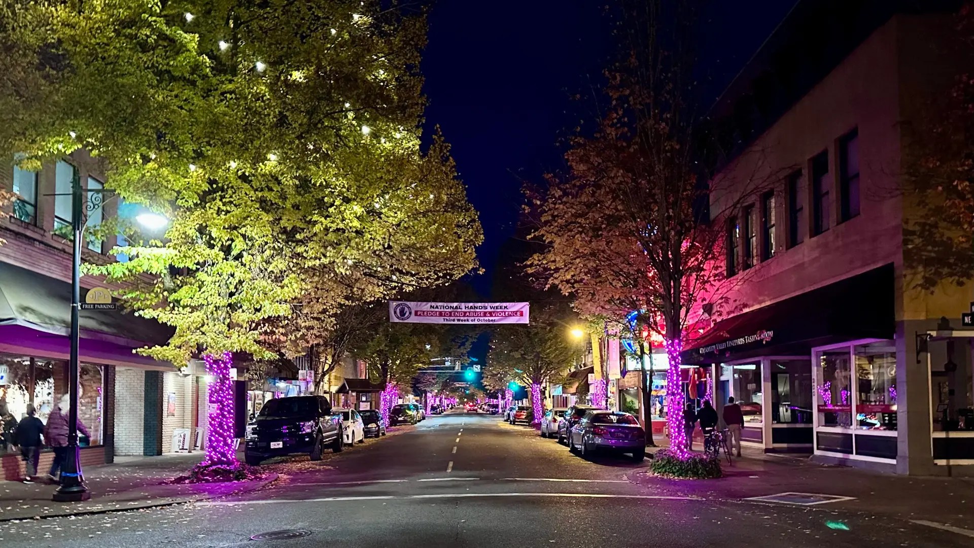 Pink lights line the streets for breast cancer awareness