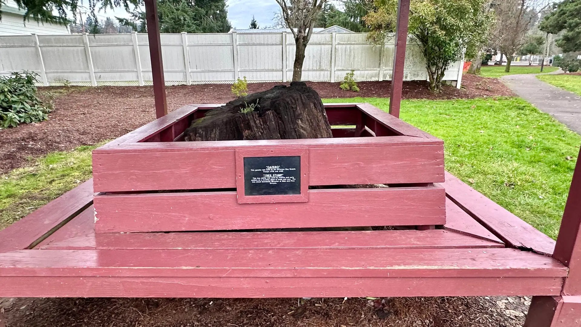 This historic "tree stump was used by Indians and early settlers as a meeting place to trade and rest."